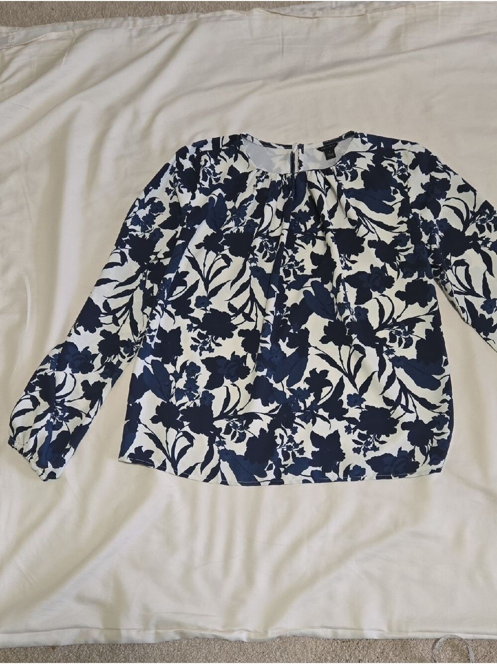 Ann Taylor Navy and White Floral Long-Sleeve Blouse